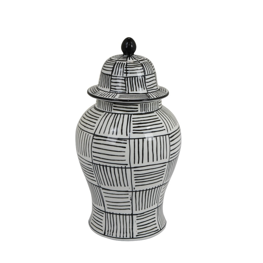 Loi Temple Jar with Lid, Black White Grid Pattern Ceramic, 13 Inch Decor-BM353409