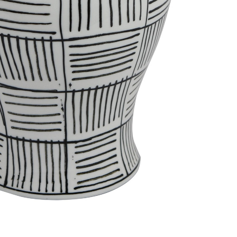 Loi Temple Jar with Lid, Black White Grid Pattern Ceramic, 13 Inch Decor-BM353409