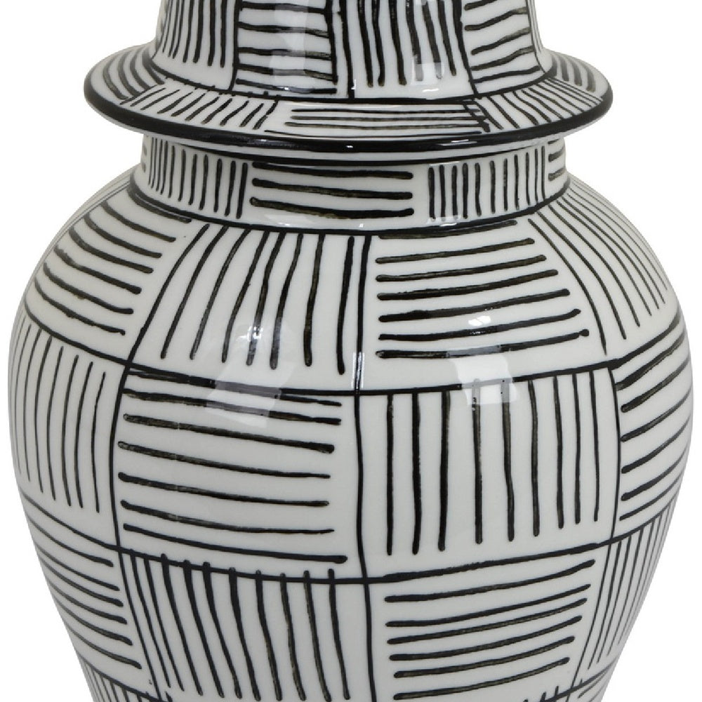 Loi Temple Jar with Lid, Black White Grid Pattern Ceramic, 13 Inch Decor-BM353409