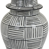 Loi Temple Jar with Lid, Black White Grid Pattern Ceramic, 13 Inch Decor-BM353409