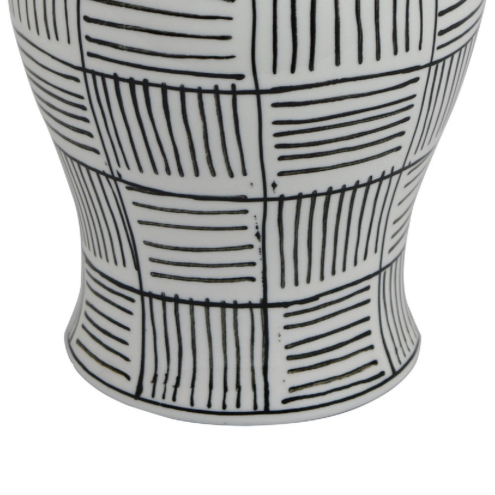 Loi Temple Jar with Lid, Black White Grid Pattern Ceramic, 13 Inch Decor-BM353409