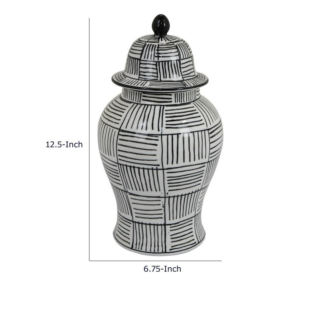 Loi Temple Jar with Lid, Black White Grid Pattern Ceramic, 13 Inch Decor-BM353409