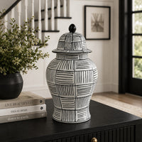 Loi Temple Jar with Lid, Black White Grid Pattern Ceramic, 13 Inch Decor-BM353409