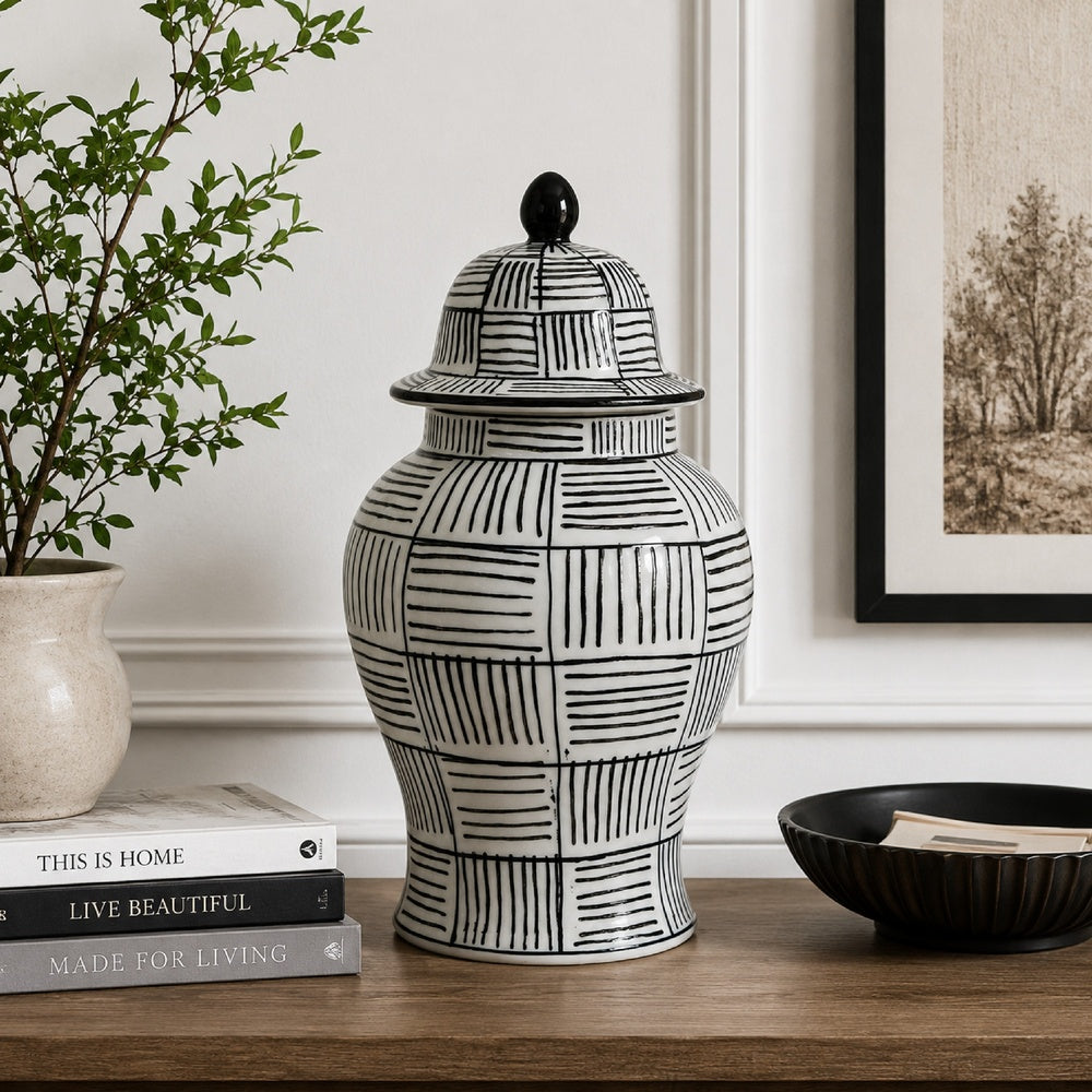 Loi Temple Jar with Lid, Black White Grid Pattern Ceramic, 13 Inch Decor-BM353409