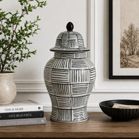 Loi Temple Jar with Lid, Black White Grid Pattern Ceramic, 13 Inch Decor-BM353409