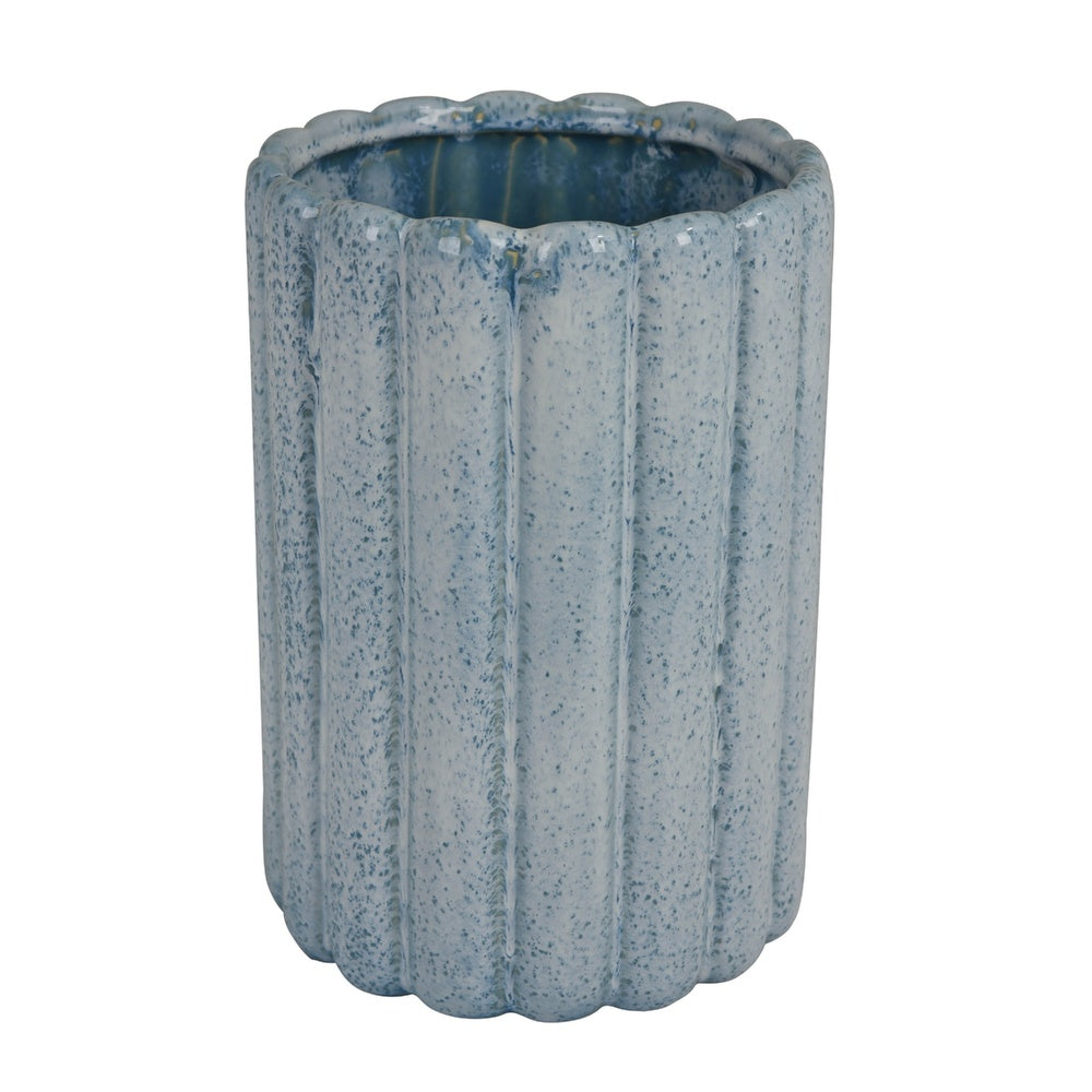 Scalloped Planter, Cylindrical Shape, Speckled Blue Ceramic 11 Inch-BM353410