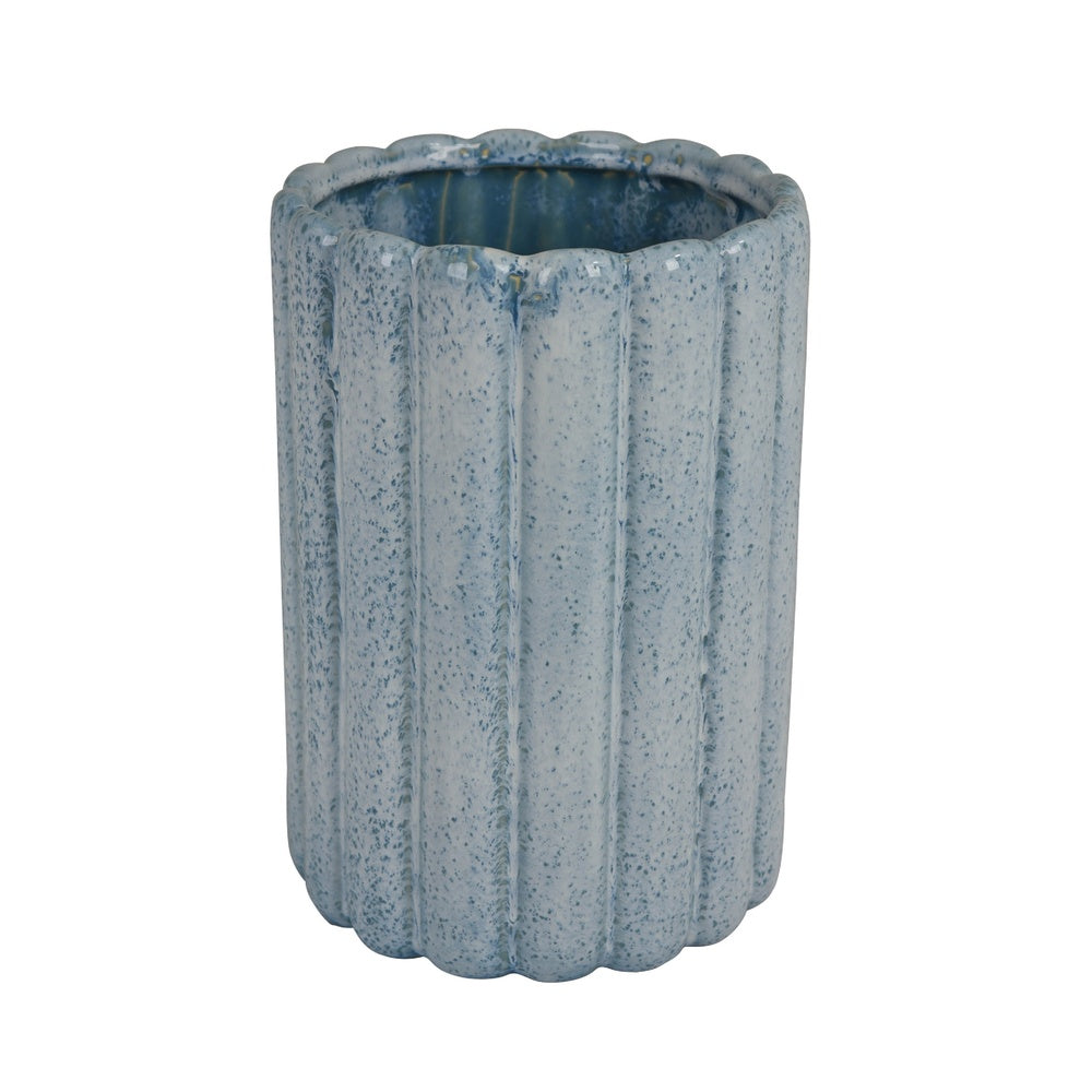 Scalloped Planter, Cylindrical Shape, Speckled Blue Ceramic 11 Inch-BM353410