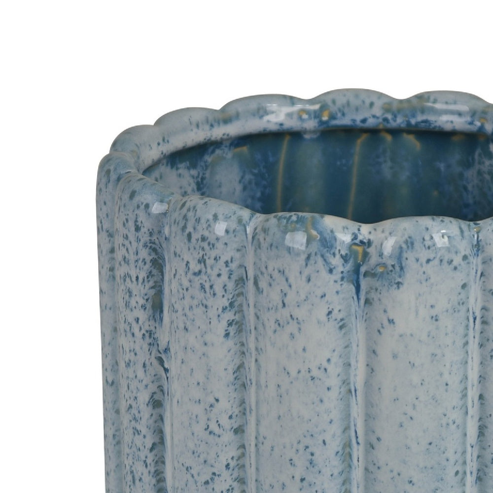 Scalloped Planter, Cylindrical Shape, Speckled Blue Ceramic 11 Inch-BM353410