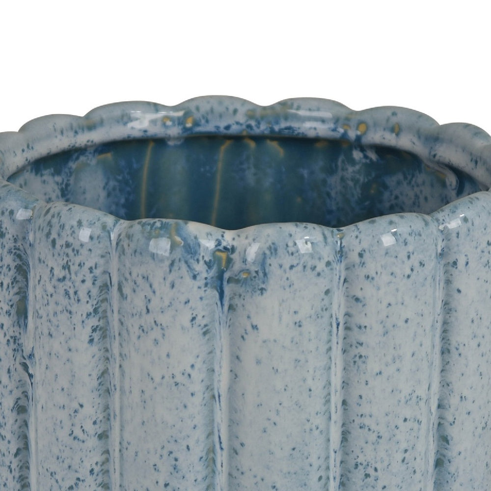 Scalloped Planter, Cylindrical Shape, Speckled Blue Ceramic 11 Inch-BM353410