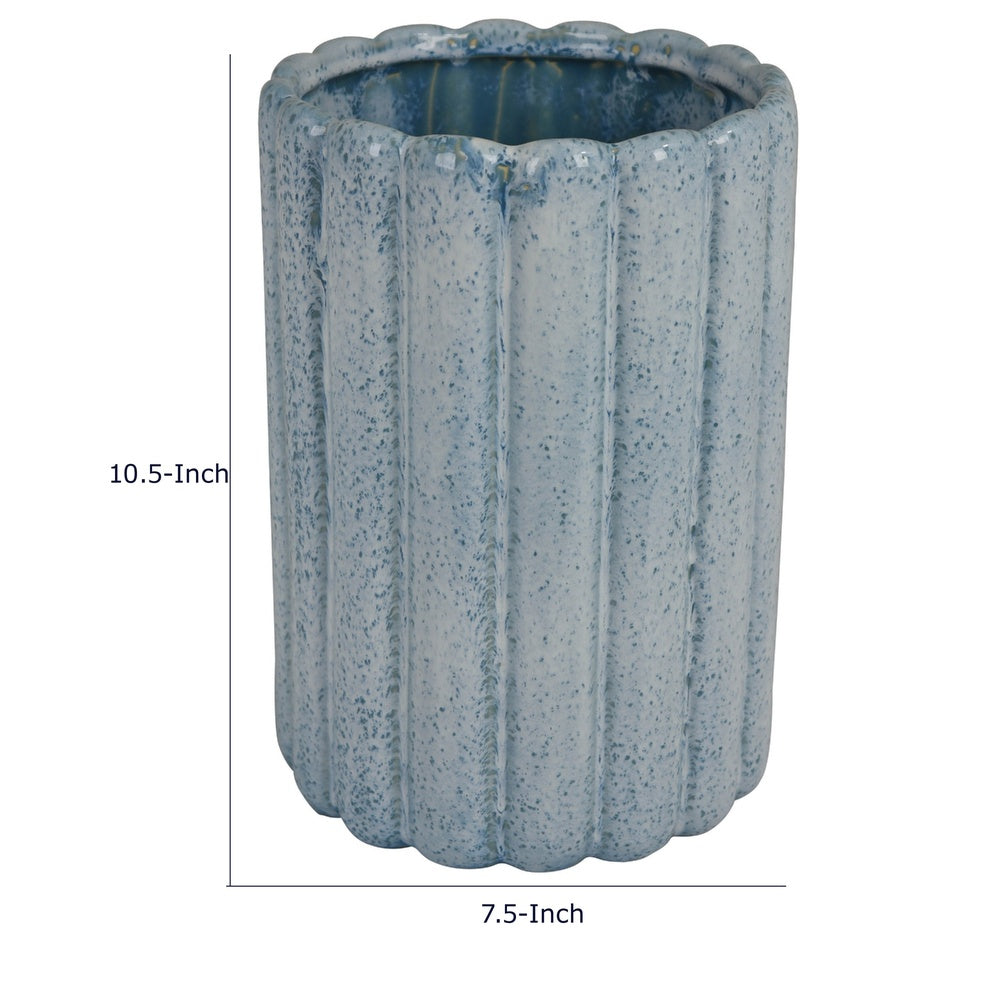 Scalloped Planter, Cylindrical Shape, Speckled Blue Ceramic 11 Inch-BM353410