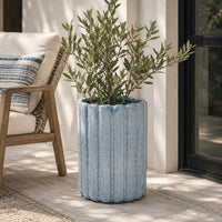 Scalloped Planter, Cylindrical Shape, Speckled Blue Ceramic 11 Inch-BM353410