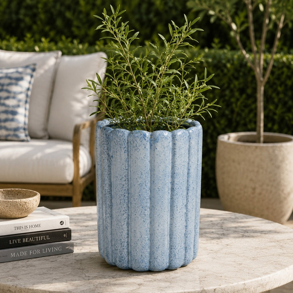 Scalloped Planter, Cylindrical Shape, Speckled Blue Ceramic 11 Inch-BM353410