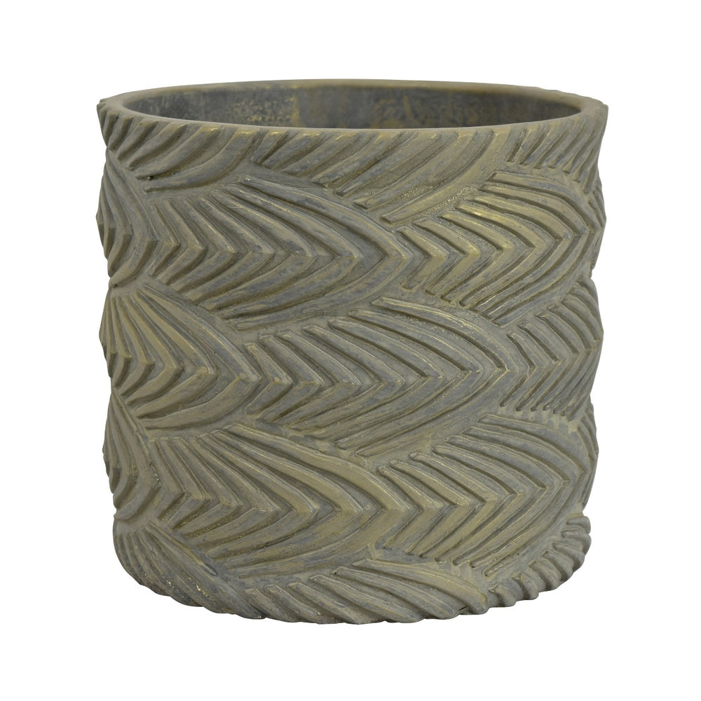 Cylindrical Planter, Raised Feather Motifs, Gray and Gold Terracotta 7 Inch-BM353411