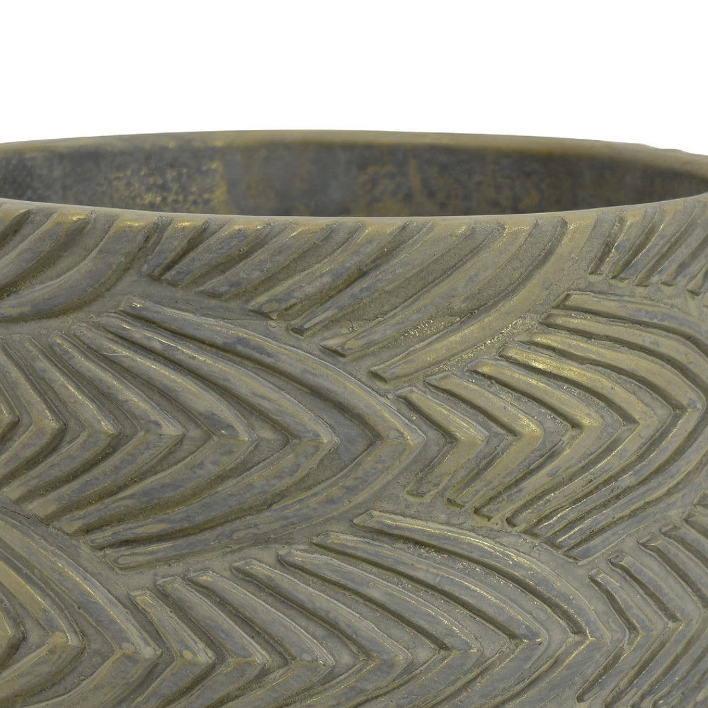 Cylindrical Planter, Raised Feather Motifs, Gray and Gold Terracotta 7 Inch-BM353411