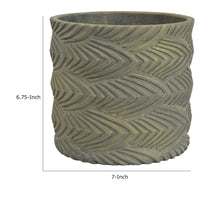 Cylindrical Planter, Raised Feather Motifs, Gray and Gold Terracotta 7 Inch-BM353411