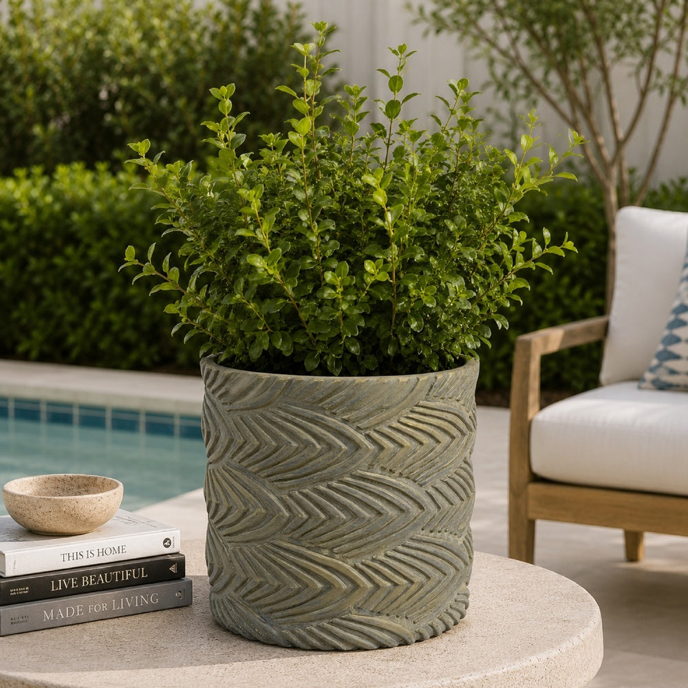 Cylindrical Planter, Raised Feather Motifs, Gray and Gold Terracotta 7 Inch-BM353411