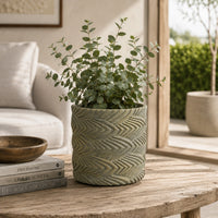 Cylindrical Planter, Raised Feather Motifs, Gray and Gold Terracotta 7 Inch-BM353411