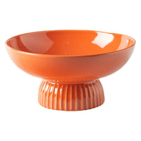 Ribbed Pedestal Fruit Bowl, Wide Basin, Glazed Orange Ceramic 11 Inch-BM353412