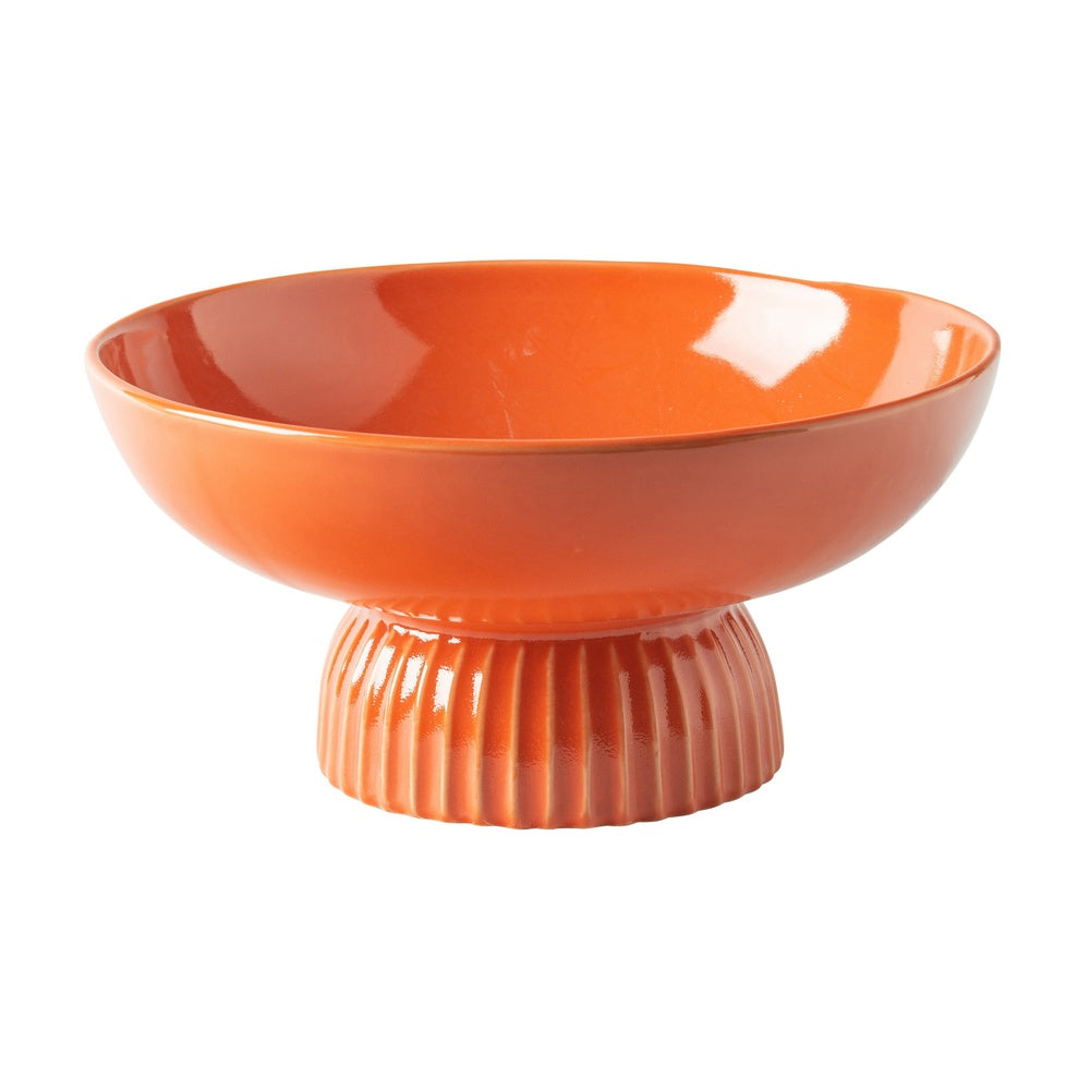 Ribbed Pedestal Fruit Bowl, Wide Basin, Glazed Orange Ceramic 11 Inch-BM353412