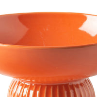 Ribbed Pedestal Fruit Bowl, Wide Basin, Glazed Orange Ceramic 11 Inch-BM353412