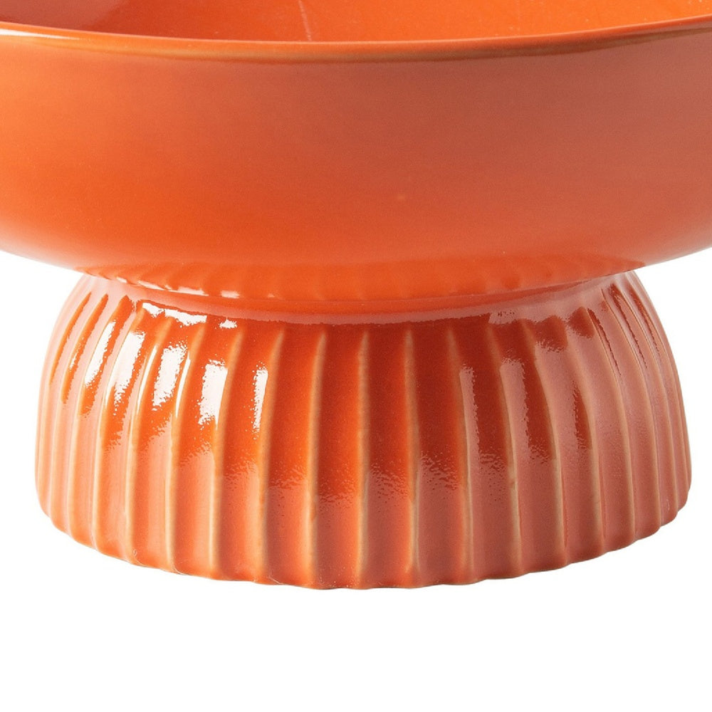 Ribbed Pedestal Fruit Bowl, Wide Basin, Glazed Orange Ceramic 11 Inch-BM353412