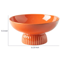 Ribbed Pedestal Fruit Bowl, Wide Basin, Glazed Orange Ceramic 11 Inch-BM353412
