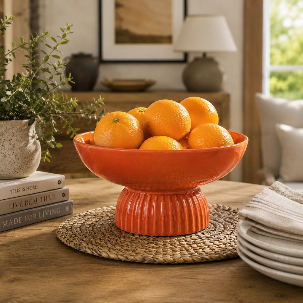 Ribbed Pedestal Fruit Bowl, Wide Basin, Glazed Orange Ceramic 11 Inch-BM353412