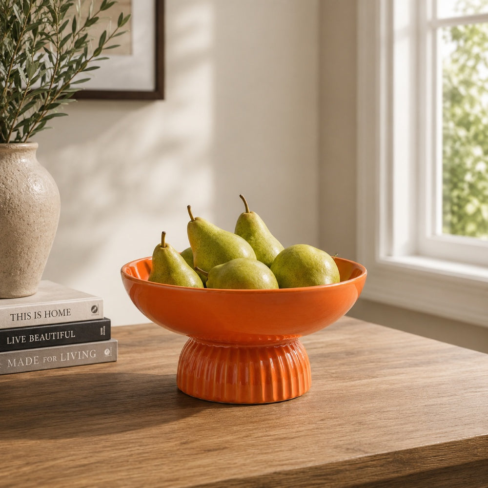Ribbed Pedestal Fruit Bowl, Wide Basin, Glazed Orange Ceramic 11 Inch-BM353412