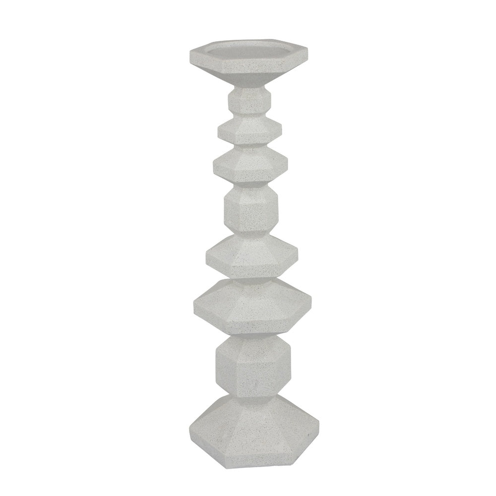Tabletop Pillar Candle Stand, Stacked Geometric Shapes, White Resin 18 Inch-BM353413