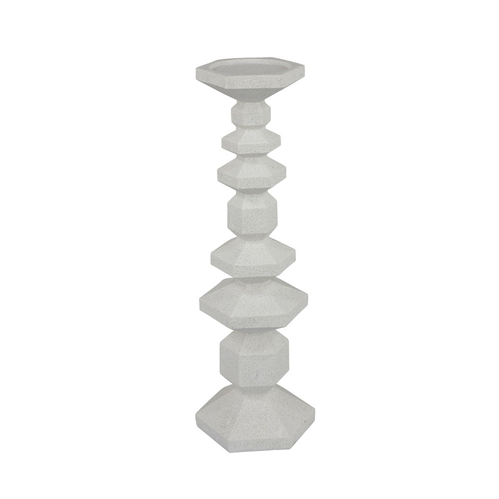 Tabletop Pillar Candle Stand, Stacked Geometric Shapes, White Resin 18 Inch-BM353413