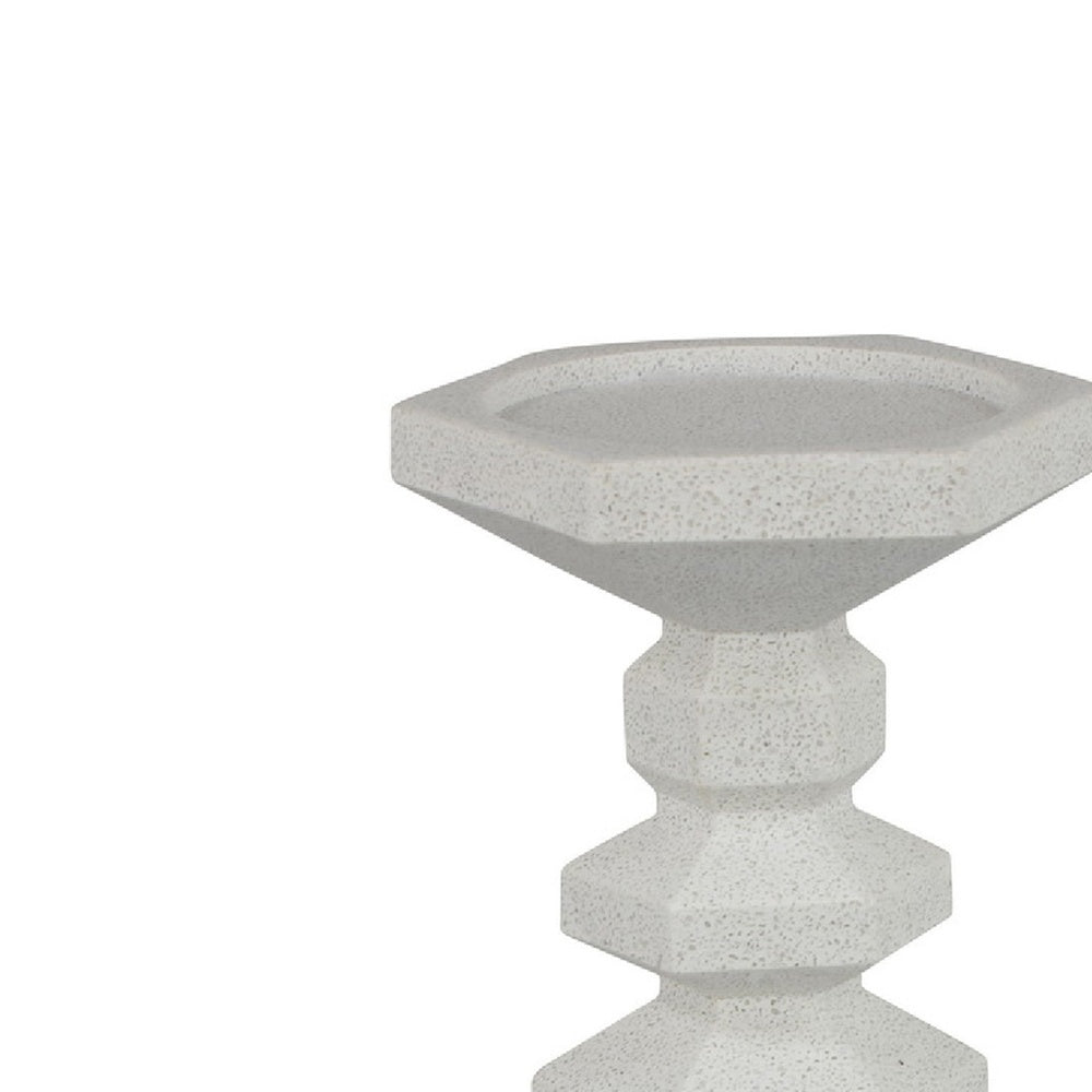 Tabletop Pillar Candle Stand, Stacked Geometric Shapes, White Resin 18 Inch-BM353413