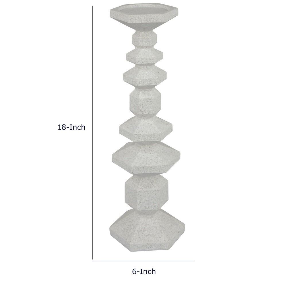 Tabletop Pillar Candle Stand, Stacked Geometric Shapes, White Resin 18 Inch-BM353413