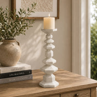 Tabletop Pillar Candle Stand, Stacked Geometric Shapes, White Resin 18 Inch-BM353413