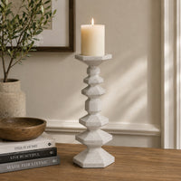 Tabletop Pillar Candle Stand, Stacked Geometric Shapes, White Resin 18 Inch-BM353413