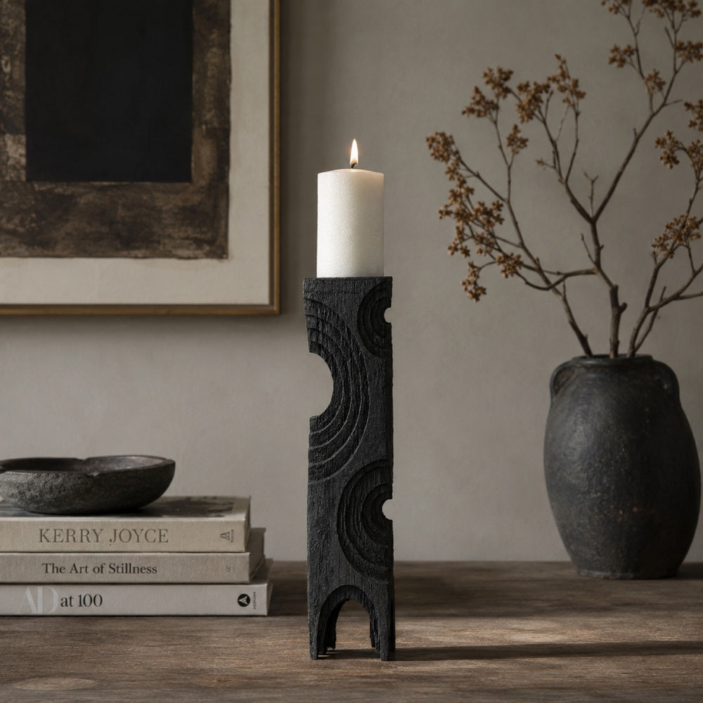 Tabletop Decor, Pillar Candle Stand, Geometric Cutouts, Black Resin 21 Inch-BM353414
