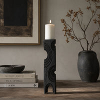 Tabletop Decor, Pillar Candle Stand, Geometric Cutouts, Black Resin 21 Inch-BM353414