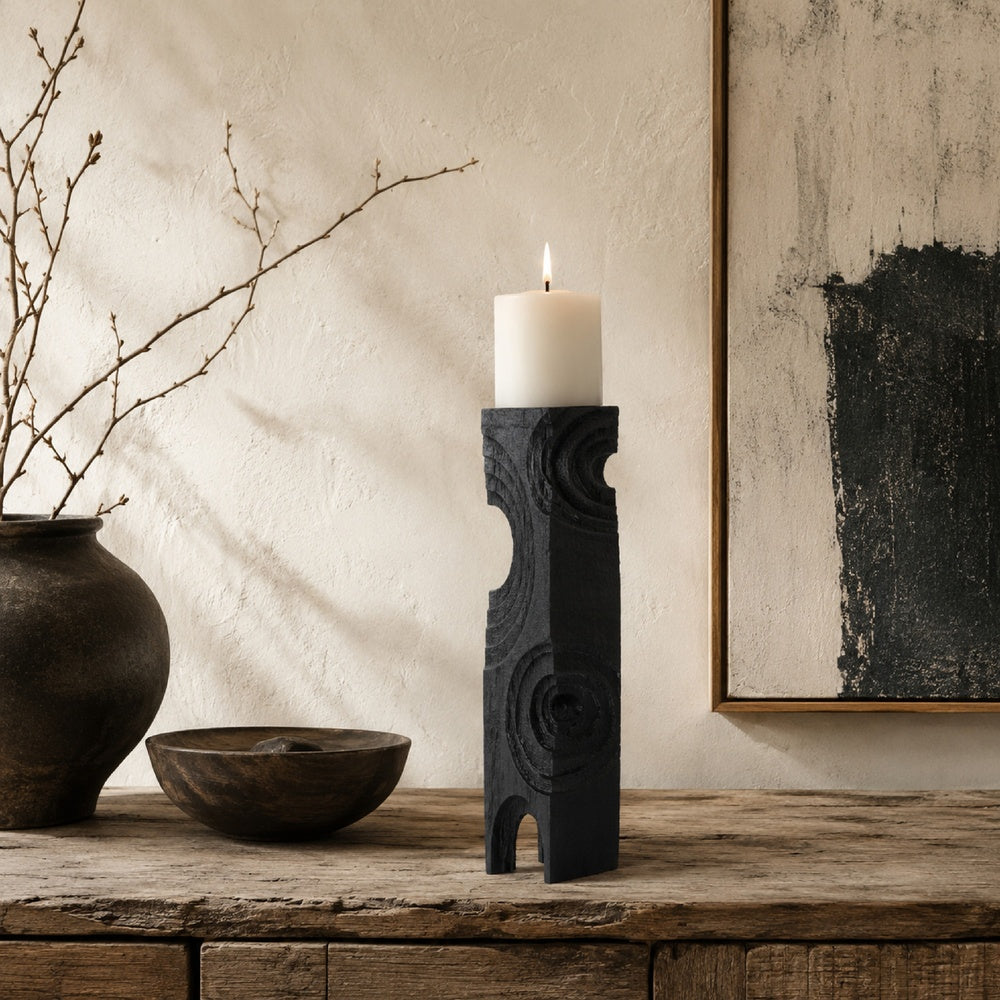 Tabletop Decor, Pillar Candle Stand, Geometric Cutouts, Black Resin 21 Inch-BM353414