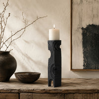 Tabletop Decor, Pillar Candle Stand, Geometric Cutouts, Black Resin 21 Inch-BM353414
