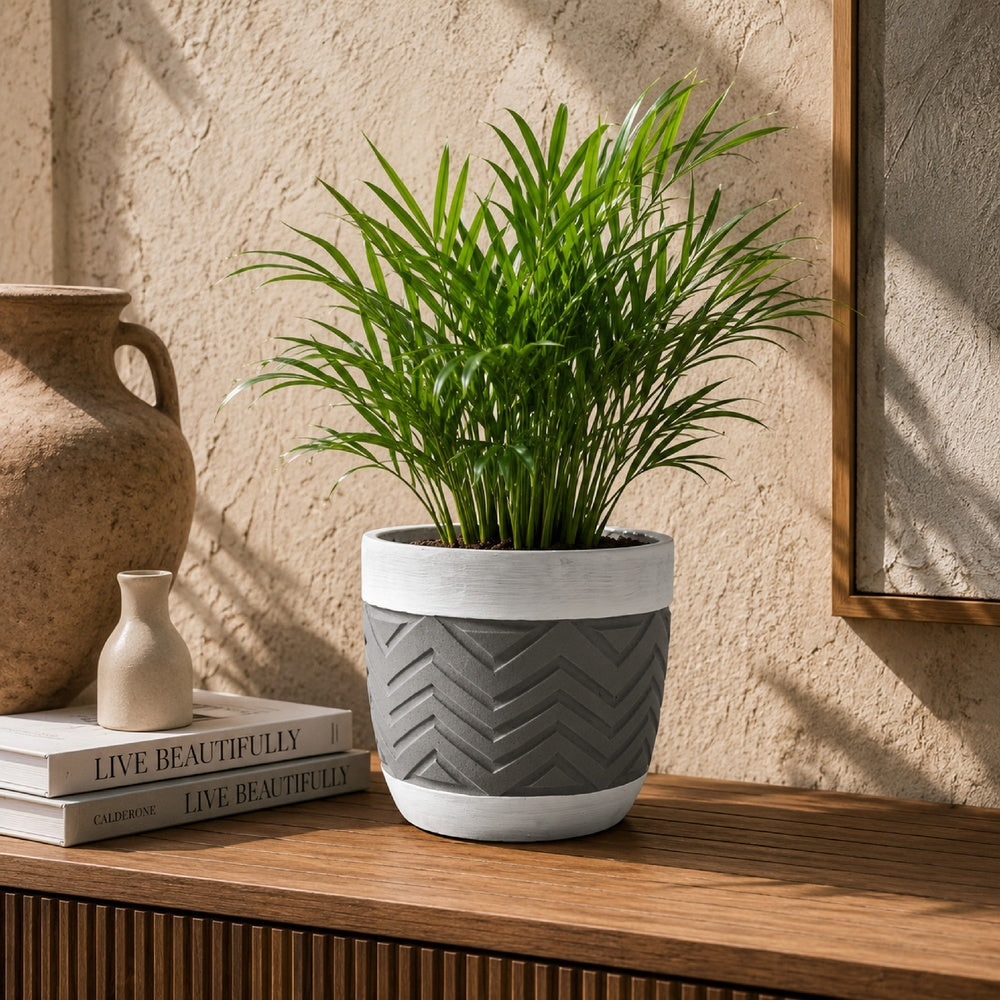 Decorative Planter, Chevron Design, Gray and White 7 Inch Terracotta-BM353416
