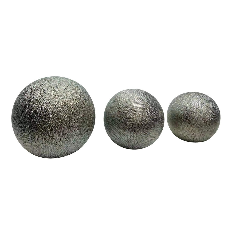 Decorative Ball Orb Set of 3, Cross-Hatched Texture, Antique Silver Ceramic-BM353417