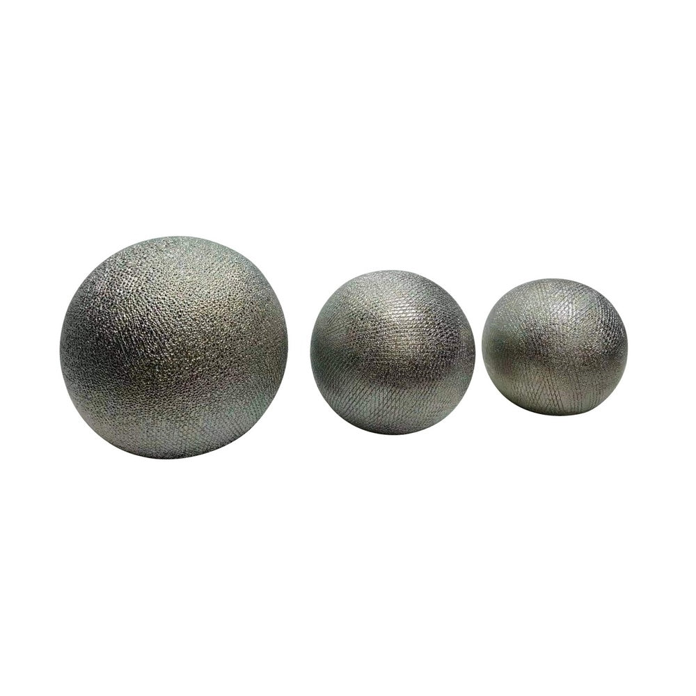Decorative Ball Orb Set of 3, Cross-Hatched Texture, Antique Silver Ceramic-BM353417