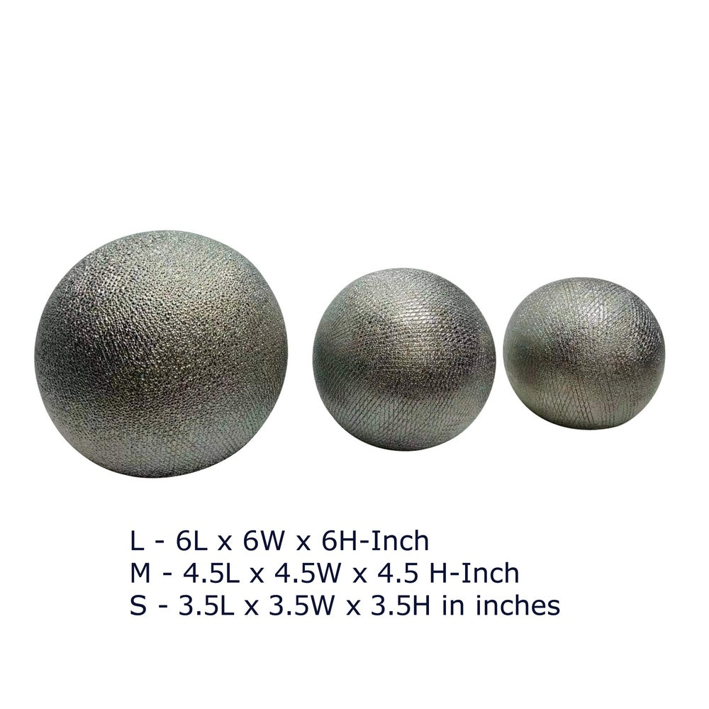 Decorative Ball Orb Set of 3, Cross-Hatched Texture, Antique Silver Ceramic-BM353417