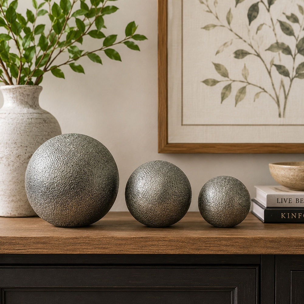 Decorative Ball Orb Set of 3, Cross-Hatched Texture, Antique Silver Ceramic-BM353417