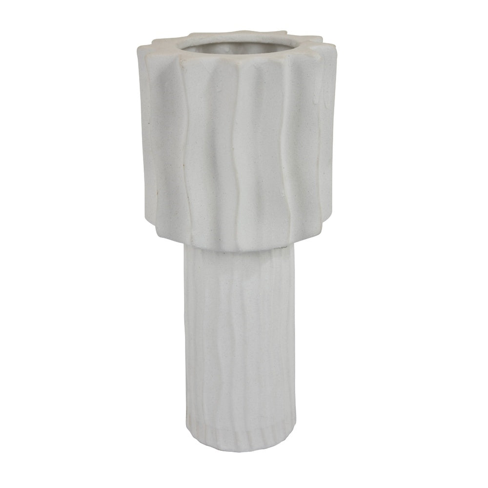 Asmi Decorative Vase, 2-Tier Design, Wavy Ribbed White Ceramic 14 Inch-BM353418