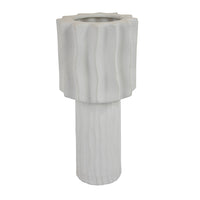 Asmi Decorative Vase, 2-Tier Design, Wavy Ribbed White Ceramic 14 Inch-BM353418