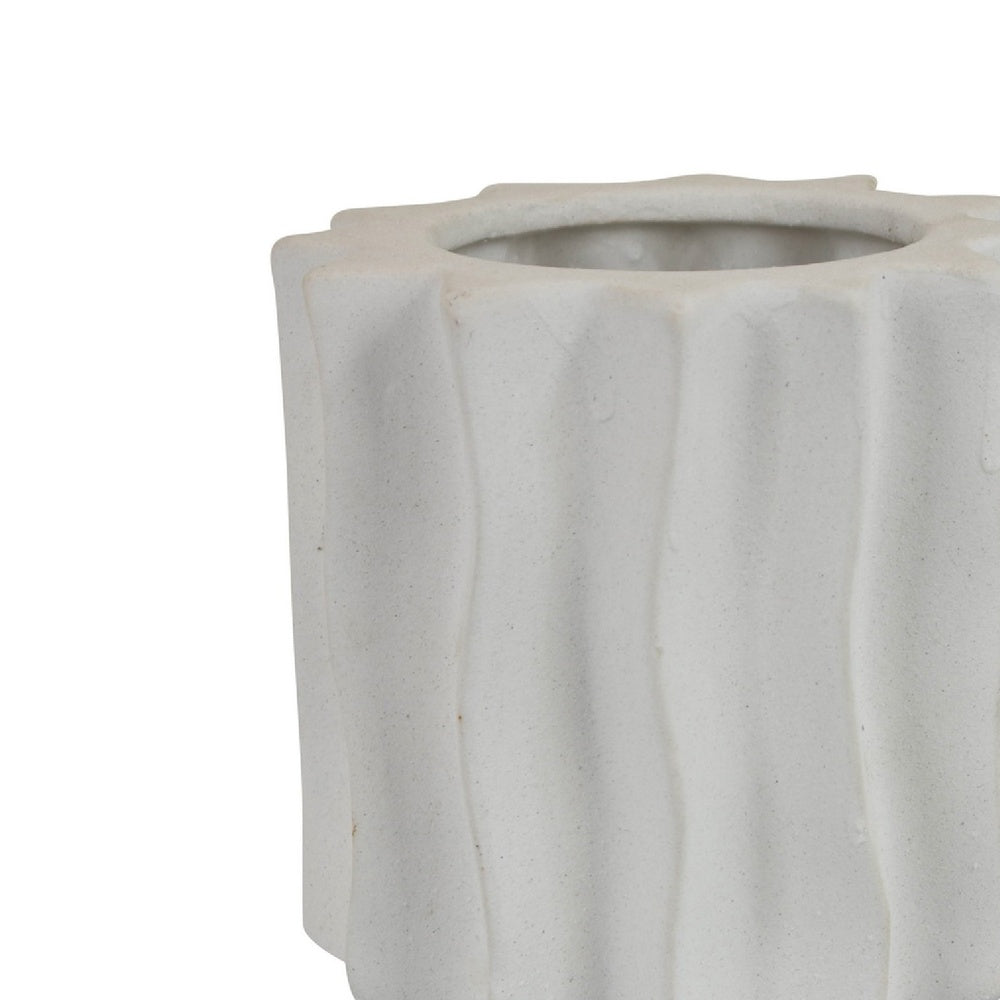 Asmi Decorative Vase, 2-Tier Design, Wavy Ribbed White Ceramic 14 Inch-BM353418