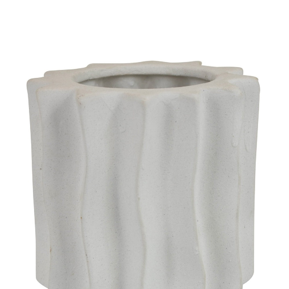 Asmi Decorative Vase, 2-Tier Design, Wavy Ribbed White Ceramic 14 Inch-BM353418