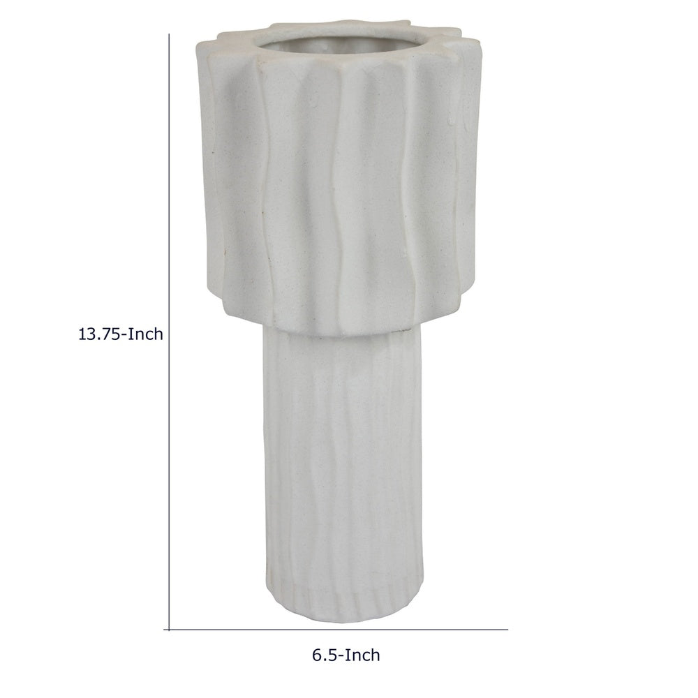 Asmi Decorative Vase, 2-Tier Design, Wavy Ribbed White Ceramic 14 Inch-BM353418