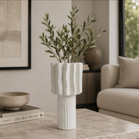 Asmi Decorative Vase, 2-Tier Design, Wavy Ribbed White Ceramic 14 Inch-BM353418