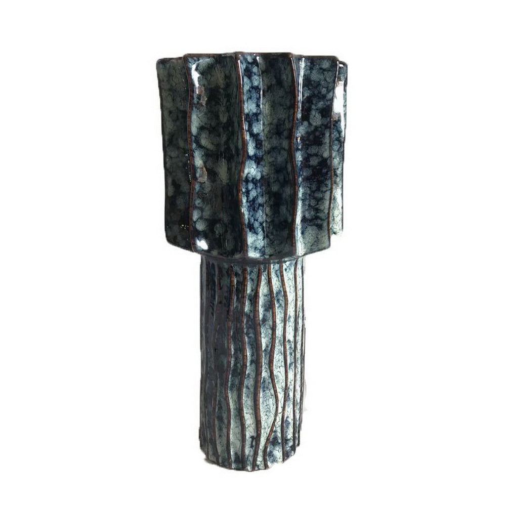 Asmi Decorative Vase, 2-Tier Design, Ribbed Brown and Gray Ceramic 14 Inch-BM353419